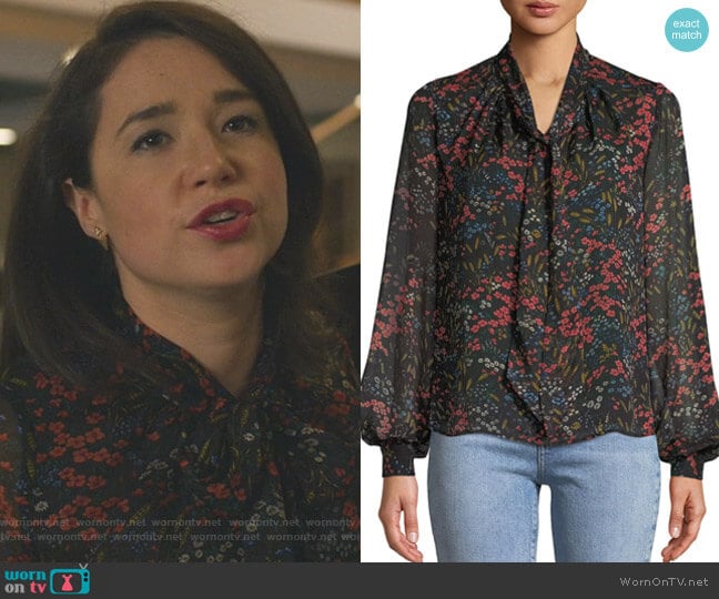 Long-Sleeve Tie-Neck Floral-Print Silk Chiffon Blouse by Co worn by Marissa Gold (Sarah Steele) on The Good Fight