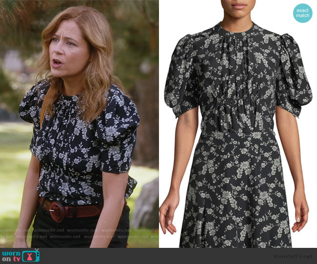Short Balloon Sleeve Floral-Print Gabardine Blouse by Co worn by Lena (Jenna Fischer) on Splitting Up Together