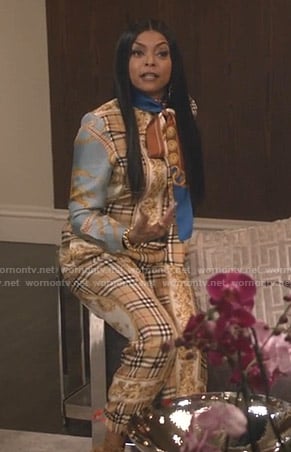 Cookie’s printed tie neck blouse and check pants on Empire