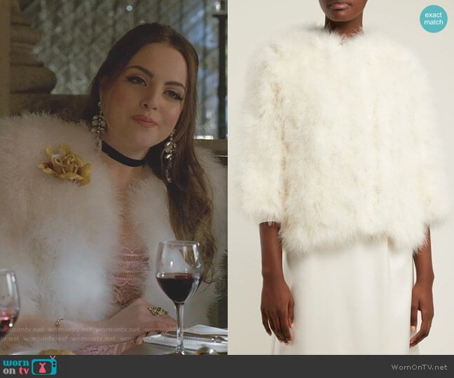 Cropped Feather-Embellished Jacket Yves Salomon worn by Fallon Carrington (Elizabeth Gillies) on Dynasty