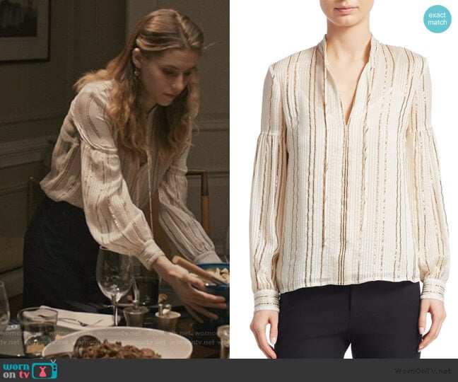 Metallic V-Neck Blouse by Derek Lam 10 Crosby worn by Stephanie 'Stevie' McCord (Wallis Currie-Wood) on Madam Secretary