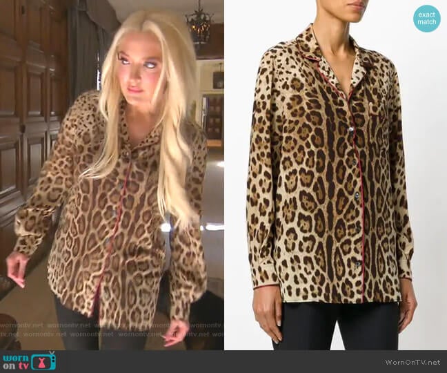 Leopard Print Pyjama Shirt by Dolce & Gabbana worn by Erika Jayne on The Real Housewives of Beverly Hills