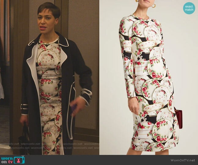 Plate-Print Stretch-Crepe Midi Dress by Dolce & Gabbana worn by Lucca Quinn (Cush Jumbo) on The Good Fight