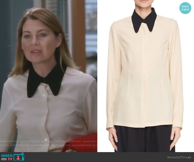 Button-Front Long-Sleeve Blouse w Contrast Collar by Dries Van Noten worn by Meredith Grey (Ellen Pompeo) on Greys Anatomy