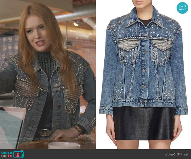 Embellished Denim Jacket by Alice + Olivia worn by Kirby Anders (Maddison Brown) on Dynasty
