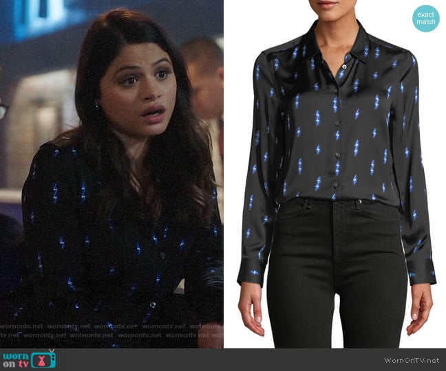 Equipment Essential Silk Shirt in Black/Hyper Blue worn by Mel Vera (Melonie Diaz) on Charmed