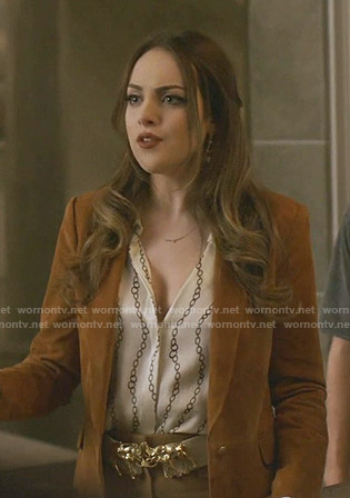 Fallon’s white chain print blouse and suede blazer on Dynasty