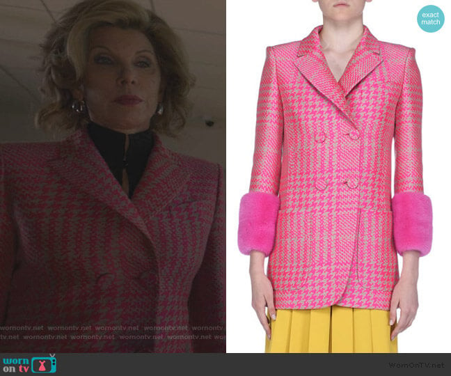 Princes of Wales Check Jacket with Fur Cuffs by Fendi worn by Diane Lockhart (Christine Baranski) on The Good Fight