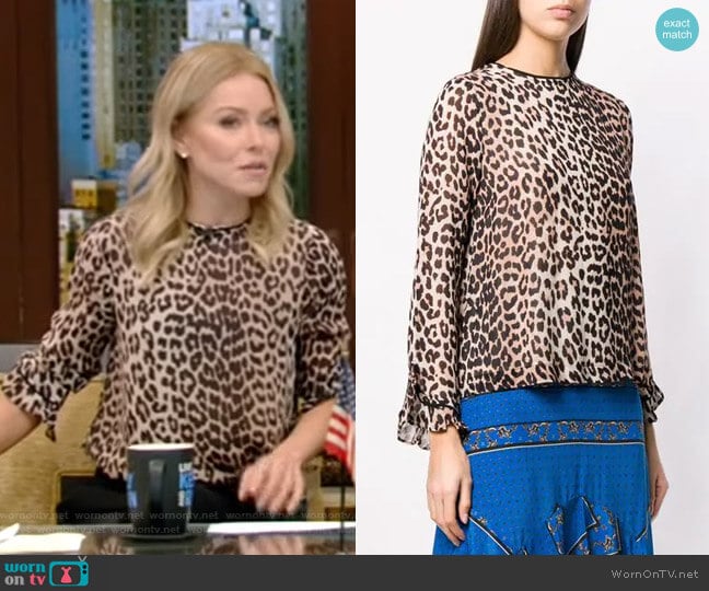 Leopard Print Long-Sleeve Blouse by Ganni worn by Kelly Ripa on Live with Kelly and Mark