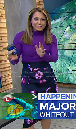 Ginger’s purple turtleneck top and floral skirt on Good Morning America
