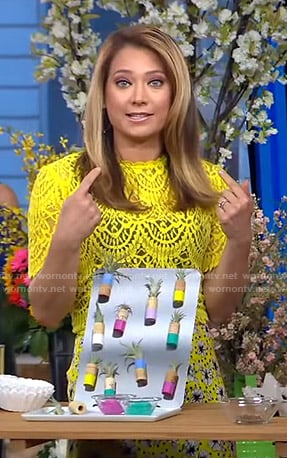 Ginger’s yellow lace top and floral skirt on Good Morning America