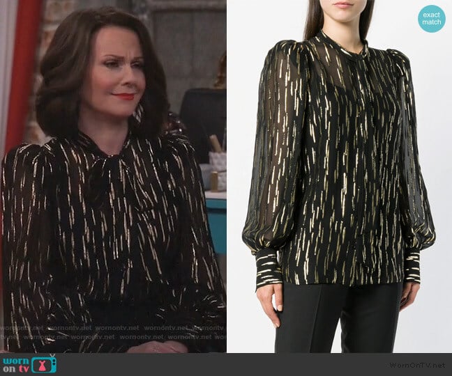 fil coupé pussy bow blouse by Givenchy worn by Karen Walker (Megan Mullally) on Will and Grace