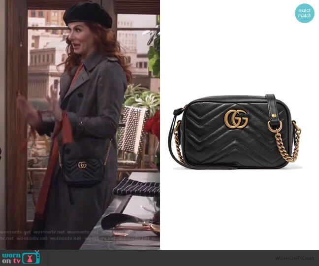 GG Marmont mini quilted-leather cross-body bag by Gucci worn by Grace Adler (Debra Messing) on Will and Grace