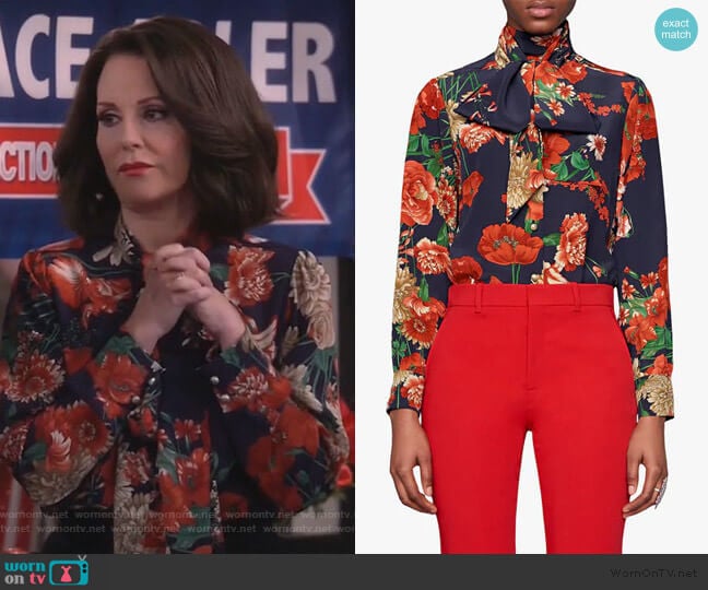 Spring Bouquet Print Tie Neck Silk Blouse by Gucci worn by Karen Walker (Megan Mullally) on Will and Grace