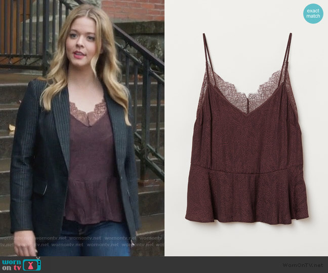 Lace-trimmed Camisole Top by H&M worn by Alison DiLaurentis (Sasha Pieterse) on PLL The Perfectionists