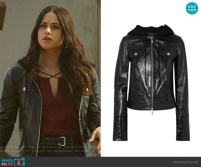 Helmut Lang Hooded Glazed Leather Jacket worn by Liz Ortecho (Jeanine Mason) on Roswell New Mexico