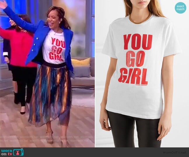 International Women's Day printed cotton-jersey T-shirt by Isabel Marant worn by Sunny Hostin on The View