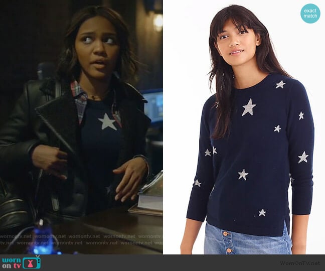 Everyday cashmere crewneck sweater with intarsia-knit stars by J. Crew worn by Jennifer Pierce (China Anne McClain) on Black Lightning