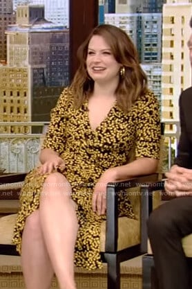 Katie Lowes's black and yellow floral wrap dress on Live with Kelly and Ryan