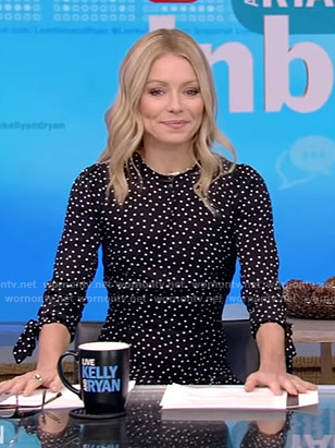 Kelly’s black polka dot tie sleeve dress on Live with Kelly and Ryan