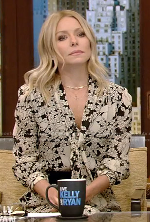 Kelly’s floral tie neck midi dress on Live with Kelly and Ryan