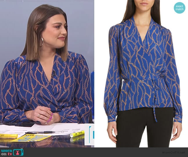 Cara Chain Print Silk Wrap Blouse by L'Agence worn by Carissa Loethen Culiner on E! News