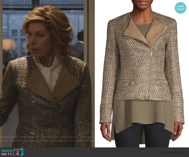 Trista Tweed & Leather Jacket by Lafayette 148 New York worn by Diane Lockhart (Christine Baranski) on The Good Fight