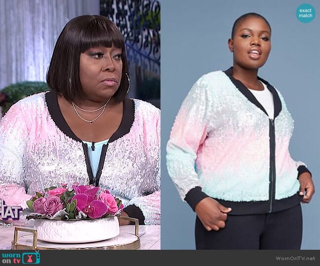 Multi-Color Sequin Bomber Jacket by Lane Bryant worn by Loni Love on The Real