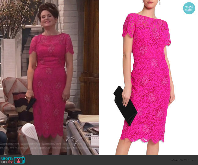 Scalloped embroidered corded lace dress by Lela Rose worn by Karen Walker (Megan Mullally) on Will and Grace