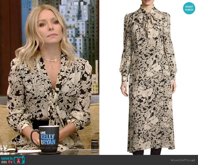 Long-Sleeve Tie-Neck Floral-Print Shirtdress by Saint Laurent worn by Kelly Ripa on Live with Kelly and Mark