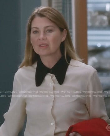 Meredith’s white blouse with contrast collar on Grey’s Anatomy