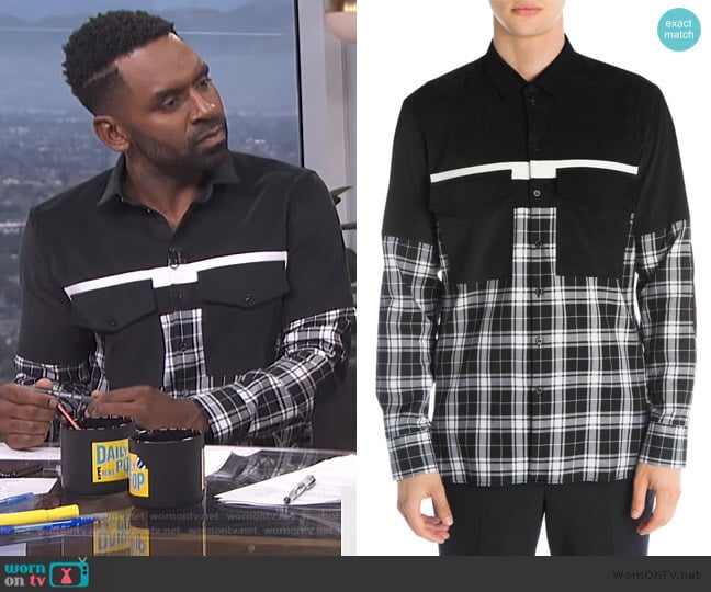 WornOnTV: Justin’s black plaid colorblock shirt on E! News Daily Pop ...