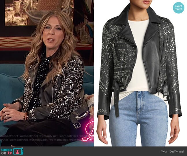 Studded Lambskin Leather Classic Moto Jacket by Nour Hammour worn by Rita Wilson on Busy Tonight