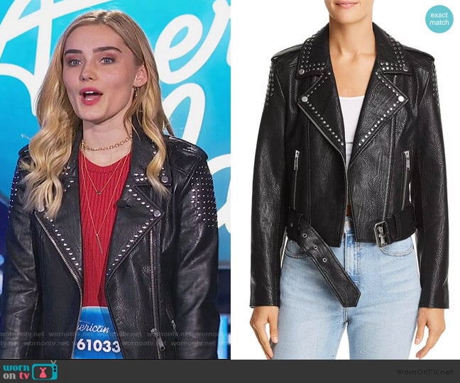 Tracy Studded Cropped Faux Leather Moto Jacket by Pistola worn by Taylor Otto (Meg Donnelly) on American Housewife