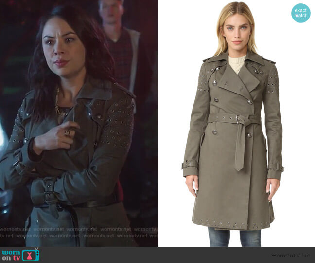 Amis Coat with Grommets by Rebecca Minkoff worn by Mona Vanderwaal (Janel Parrish) on Pretty Little Liars The Perfectionists