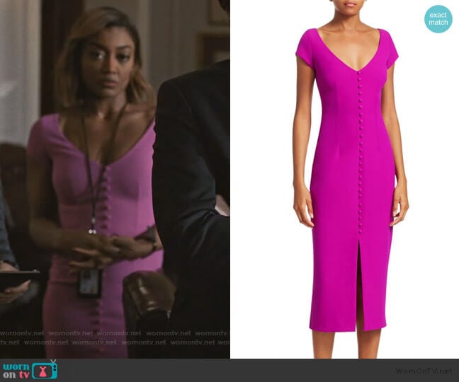 Buttoned Crepe Cocktail Dress by Safiyaa worn by Daisy Grant (Patina Miller) on Madam Secretary