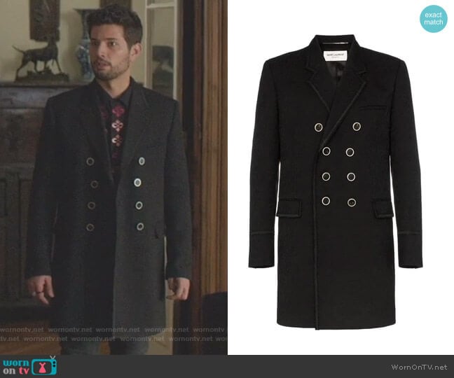 Double Breasted Paisley Jacquard Virgin Wool Coat by Saint Laurent worn by Sam Flores (Rafael de la Fuente) on Dynasty