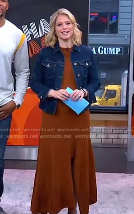 Sara’s brown slit dress and denim jacket on GMA Strahan And Sara