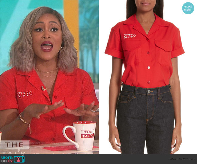 x Paramount Grease Rizzo Embroidered Mechanic Shirt by Simon Miller worn by Eve on The Talk