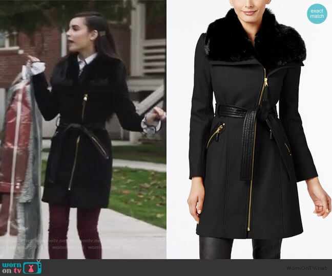 Faux-Fur-Collar Asymmetrical Belted Coat by Via Spiga worn by Ava Jalali (Sofia Carson) on Pretty Little Liars The Perfectionists