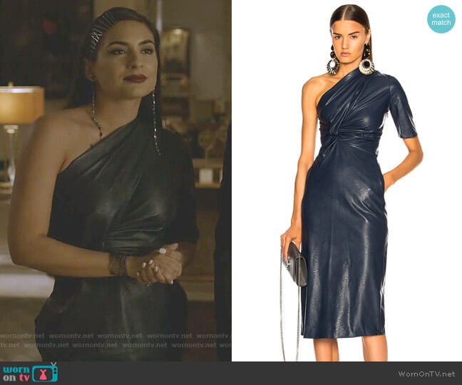 Faux Leather One Shoulder Dress by Stella McCartney worn by Cristal Jennings (Daniella Alonso) on Dynasty