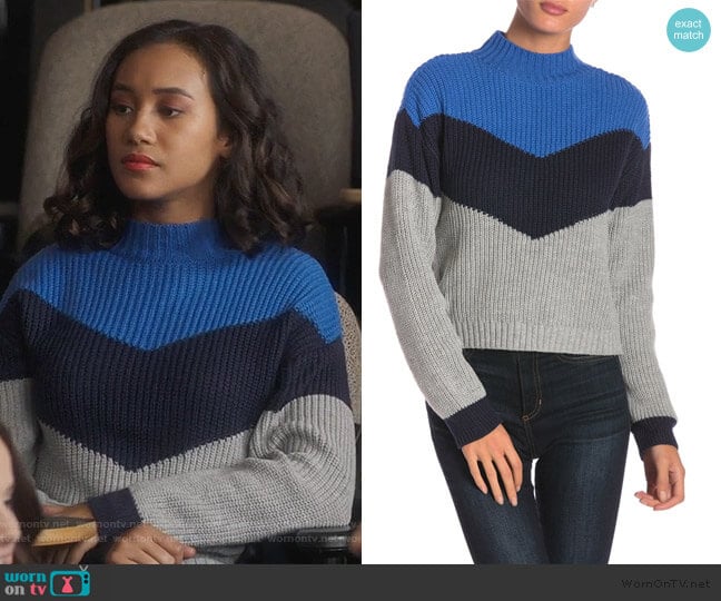 Apres Ski Colorblock Knit Mock Neck Sweater by Ten Sixty Sherman worn by Caitlin Martell-Lewis (Sydney Park) on Pretty Little Liars The Perfectionists