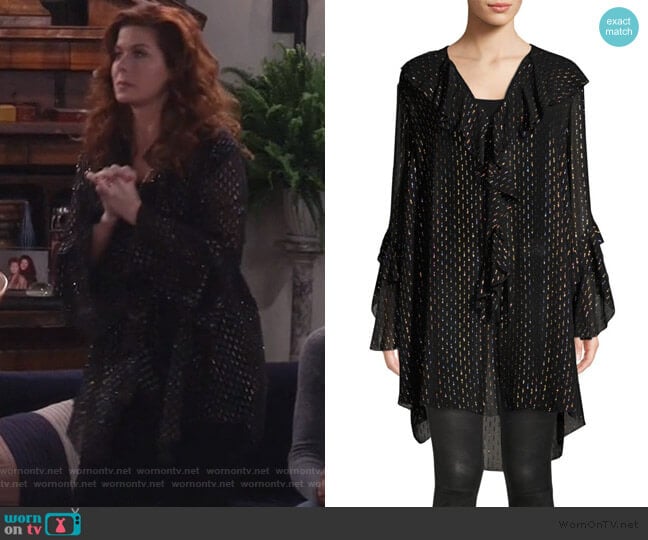 Frill Metallic V-Neck Silk Mini Dress by The Kooples worn by Grace Adler (Debra Messing) on Will and Grace