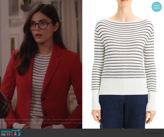 Striped Boatneck Sweater by Theory worn by Lisa Apple (Monica Barbaro) on Splitting Up Together