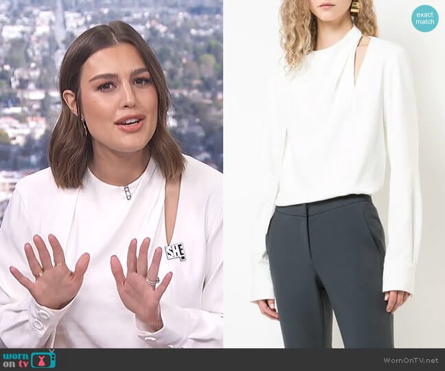 Chalky Drape Tie Blouse by Tibi worn by Carissa Loethen Culiner on E! News