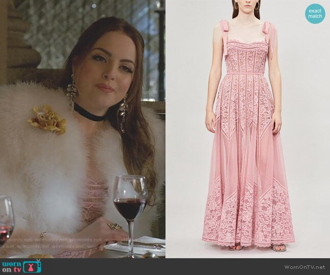 Tie-Shoulder Lace and Mesh Gown by Elie Saab worn by Fallon Carrington (Elizabeth Gillies) on Dynasty