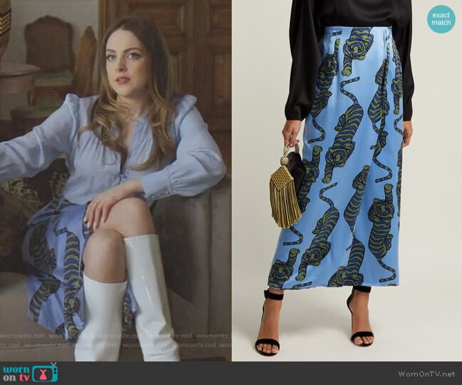 Tiger-Print Silk Wrap Skirt by Rebecca de Ravenel worn by Fallon Carrington (Elizabeth Gillies) on Dynasty