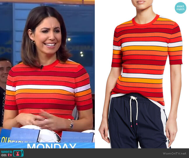 Tech Knit Striped Short-Sleeve Sweater by Tory Sport worn by Cecilia Vega on Good Morning America
