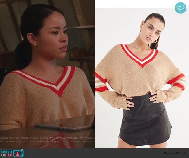 Kristen V-Neck Varsity Sweater by Urban Outfitters worn by Mariana Foster (Cierra Ramirez) on Good Trouble