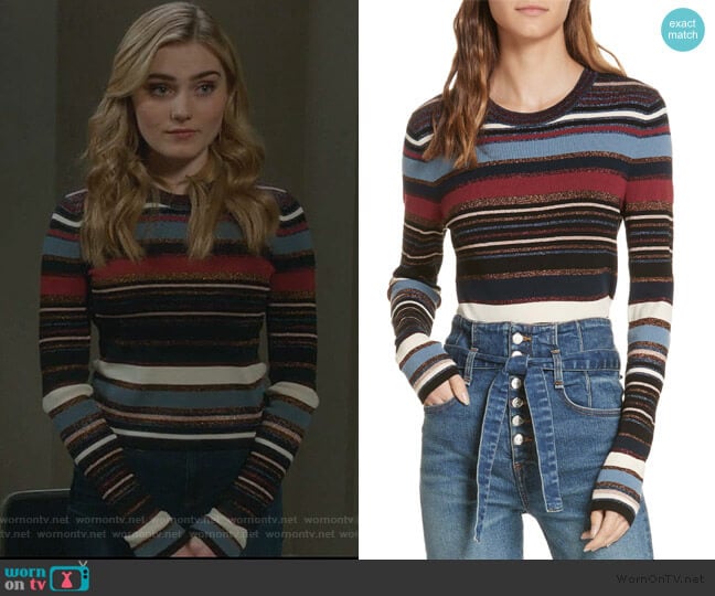 Palmas Metallic Stripe Sweater by Veronica Beard worn by Taylor Otto (Meg Donnelly) on American Housewife